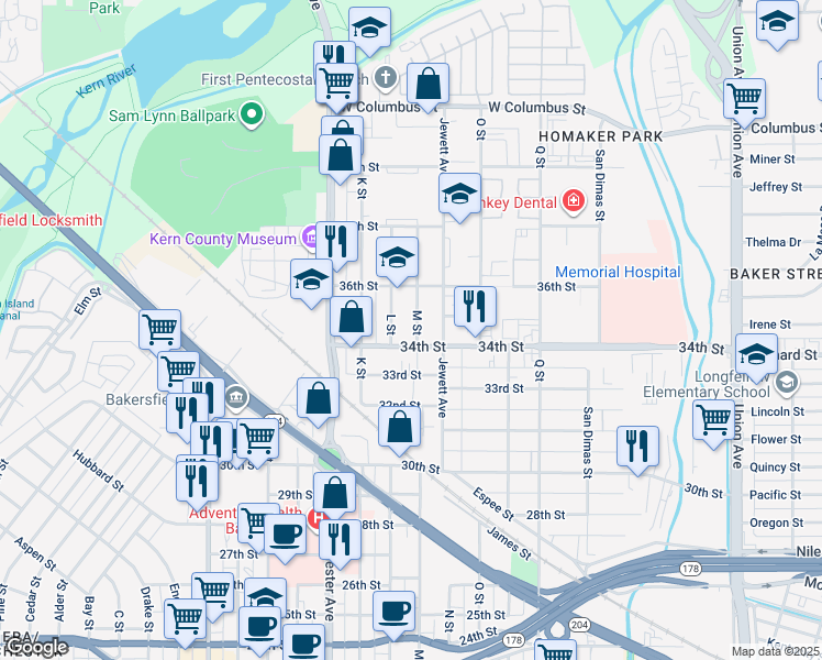 map of restaurants, bars, coffee shops, grocery stores, and more near 1230 34th Street in Bakersfield