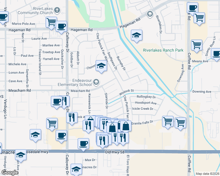 map of restaurants, bars, coffee shops, grocery stores, and more near 9012 Seahurst Court in Bakersfield