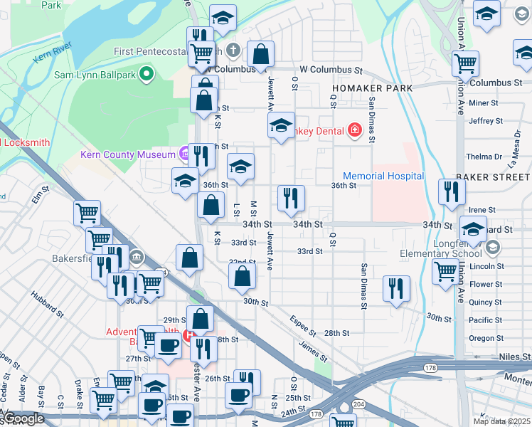 map of restaurants, bars, coffee shops, grocery stores, and more near 3409 Jewett Avenue in Bakersfield