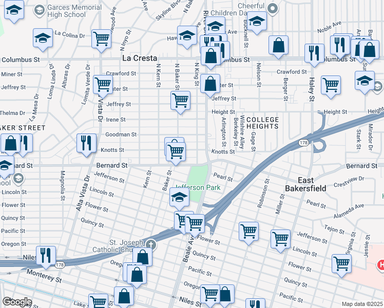 map of restaurants, bars, coffee shops, grocery stores, and more near 727 Knotts Street in Bakersfield