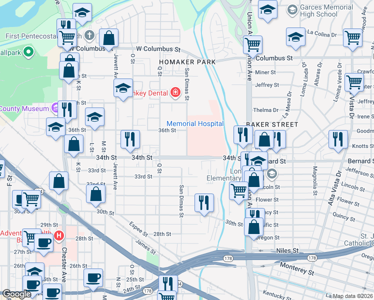 map of restaurants, bars, coffee shops, grocery stores, and more near 3450 San Dimas Street in Bakersfield