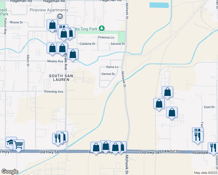 map of restaurants, bars, coffee shops, grocery stores, and more near 3400 Villa Cassia Street in Bakersfield