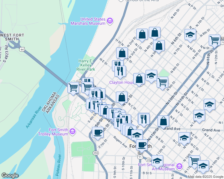 map of restaurants, bars, coffee shops, grocery stores, and more near 319 North C Street in Fort Smith