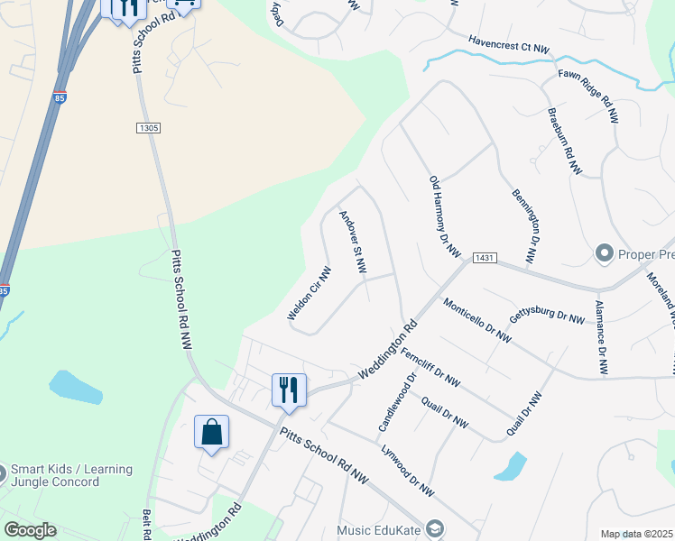 map of restaurants, bars, coffee shops, grocery stores, and more near 6598 Weldon Circle Northwest in Concord