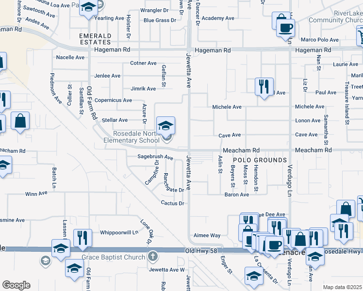 map of restaurants, bars, coffee shops, grocery stores, and more near 3635 Jewetta Avenue in Bakersfield