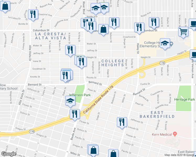 map of restaurants, bars, coffee shops, grocery stores, and more near 931 Knotts Street in Bakersfield