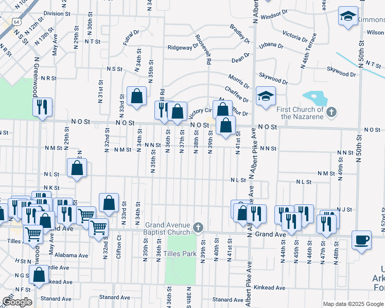 map of restaurants, bars, coffee shops, grocery stores, and more near 1445 North 38th Street in Fort Smith