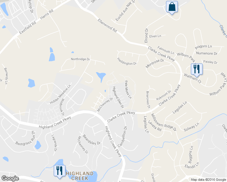 map of restaurants, bars, coffee shops, grocery stores, and more near 8541 Highland Glen Drive in Charlotte