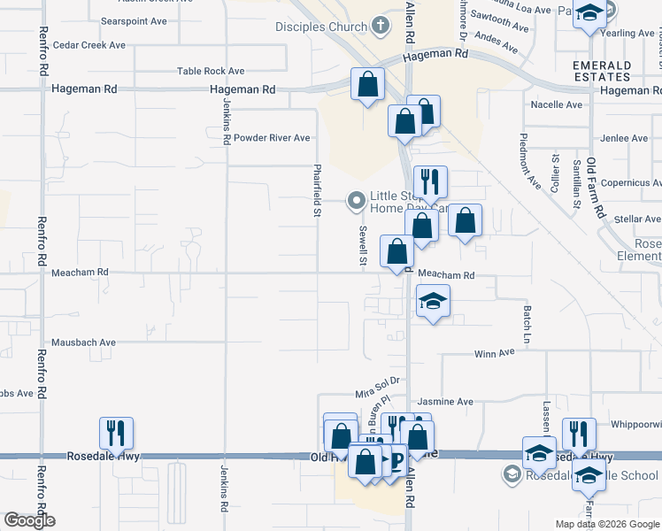 map of restaurants, bars, coffee shops, grocery stores, and more near 13220 Meacham Road in Bakersfield