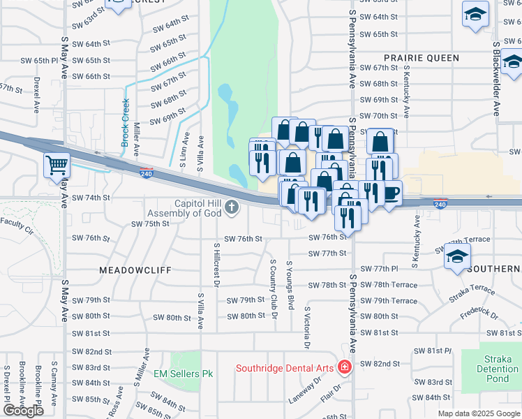 map of restaurants, bars, coffee shops, grocery stores, and more near 2352 Southwest 74th Street in Oklahoma City