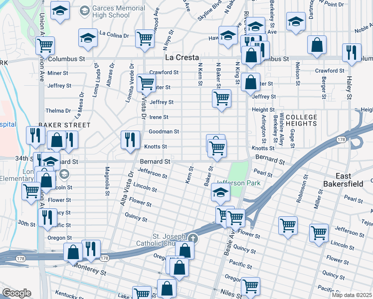 map of restaurants, bars, coffee shops, grocery stores, and more near 513 Knotts Street in Bakersfield