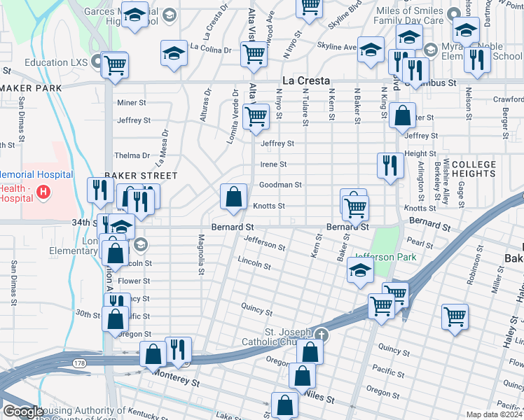 map of restaurants, bars, coffee shops, grocery stores, and more near 311 Knotts Street in Bakersfield