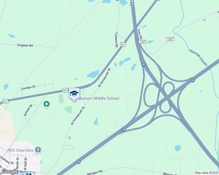 map of restaurants, bars, coffee shops, grocery stores, and more near North Honeycutt Street in Benson