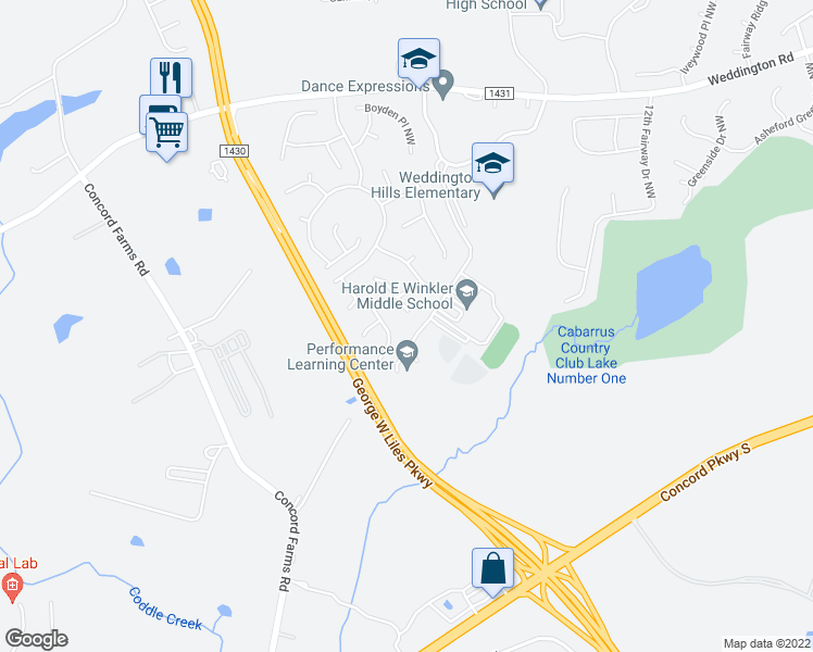 map of restaurants, bars, coffee shops, grocery stores, and more near 1405 Lockhart Place Northwest in Concord