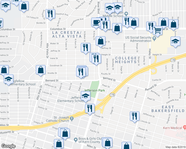 map of restaurants, bars, coffee shops, grocery stores, and more near 729 Knotts Street in Bakersfield