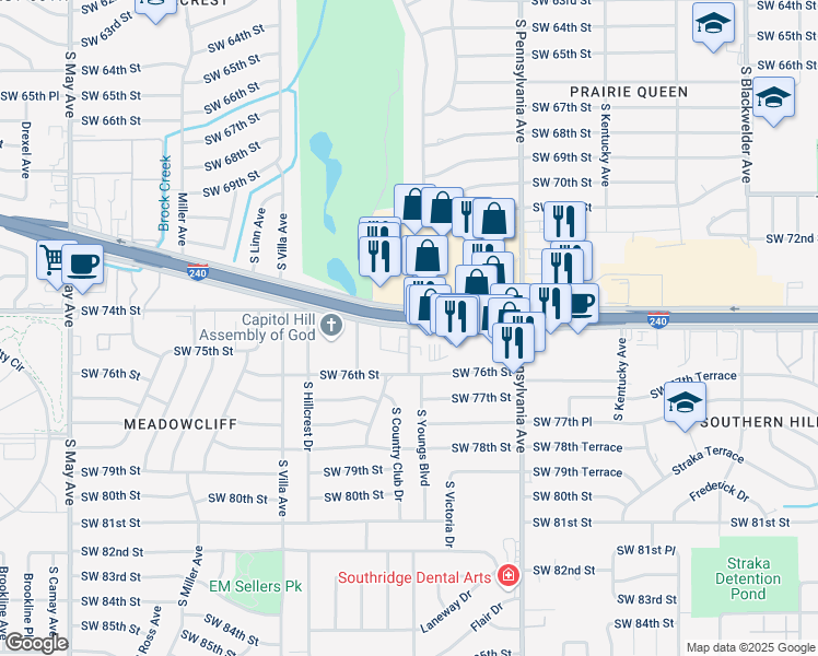 map of restaurants, bars, coffee shops, grocery stores, and more near 2300 Interstate 240 Service Road in Oklahoma City