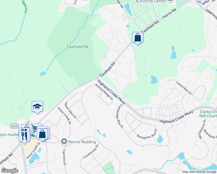 map of restaurants, bars, coffee shops, grocery stores, and more near 9240 Highland Creek Parkway in Charlotte
