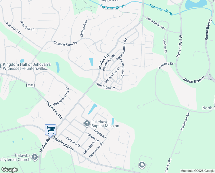 map of restaurants, bars, coffee shops, grocery stores, and more near 12912 Windy Lea Lane in Huntersville