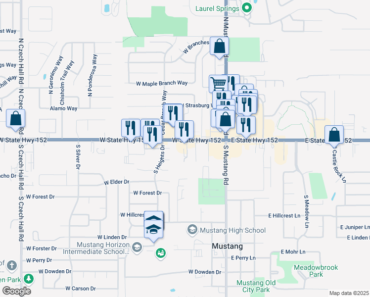map of restaurants, bars, coffee shops, grocery stores, and more near 316 West State Highway 152 in Mustang