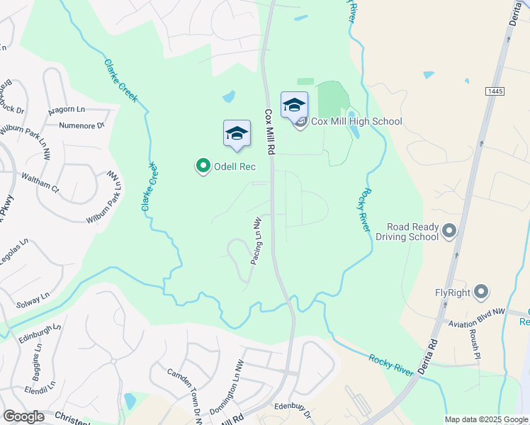 map of restaurants, bars, coffee shops, grocery stores, and more near 9504 Pacing Lane Northwest in Concord