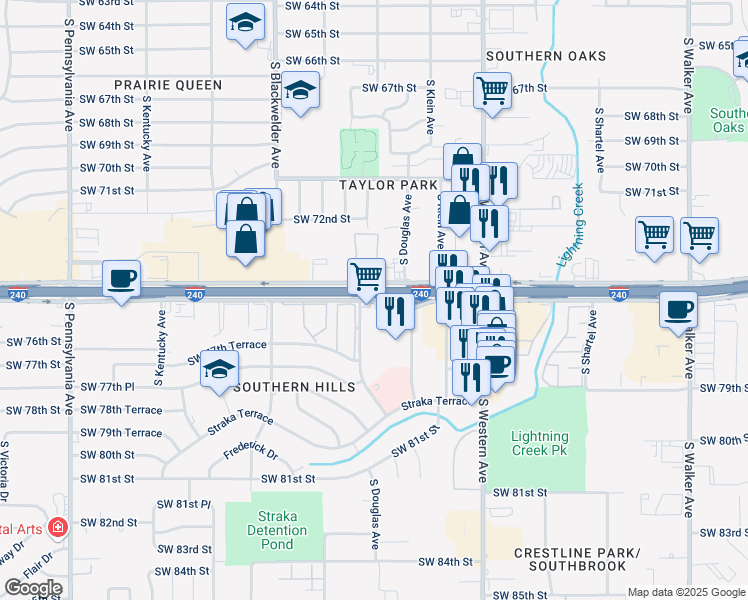 map of restaurants, bars, coffee shops, grocery stores, and more near 1030 Southwest 74th Street in Oklahoma City