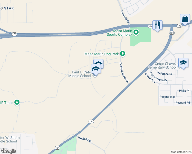 map of restaurants, bars, coffee shops, grocery stores, and more near 4115 Vineland Road in Bakersfield