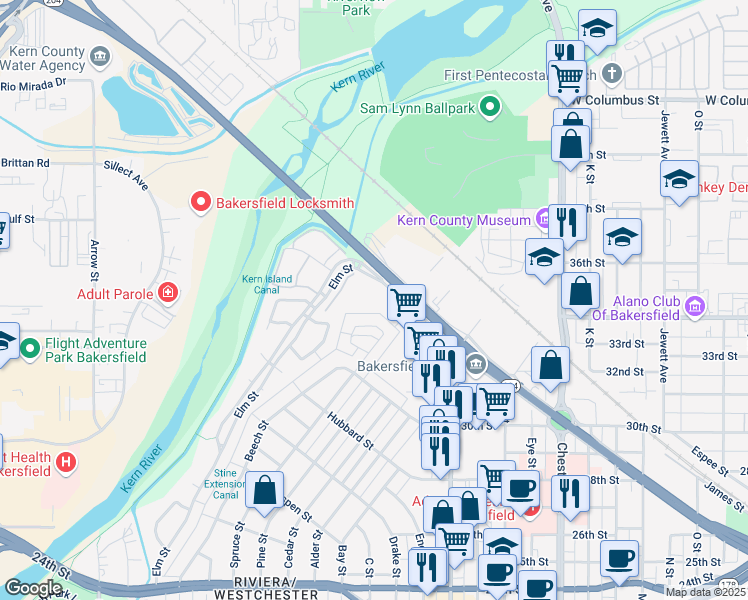 map of restaurants, bars, coffee shops, grocery stores, and more near 1841 Golden State Avenue in Bakersfield