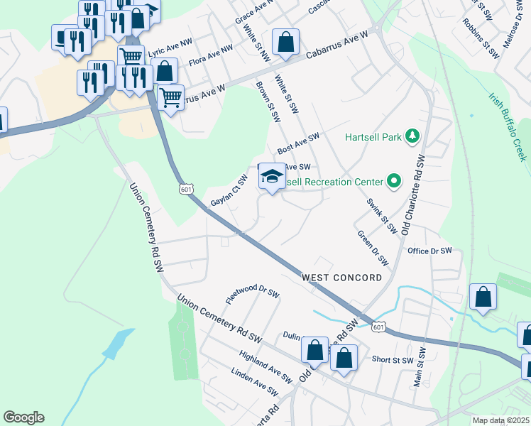 map of restaurants, bars, coffee shops, grocery stores, and more near Sunderland Road Southwest in Concord