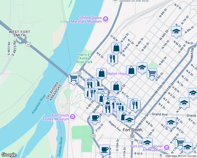 map of restaurants, bars, coffee shops, grocery stores, and more near 529 North 3rd Street in Fort Smith
