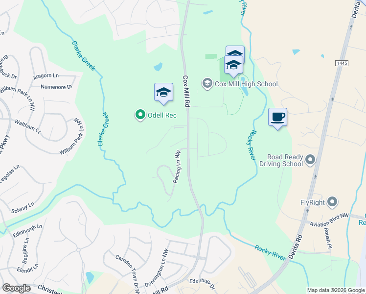 map of restaurants, bars, coffee shops, grocery stores, and more near 9504 Pacing Lane Northwest in Concord