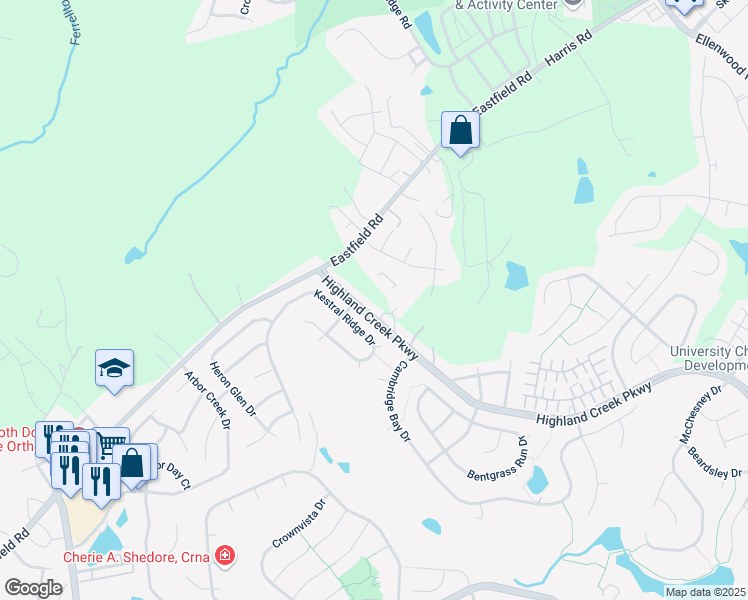 map of restaurants, bars, coffee shops, grocery stores, and more near 9240 Highland Creek Parkway in Charlotte