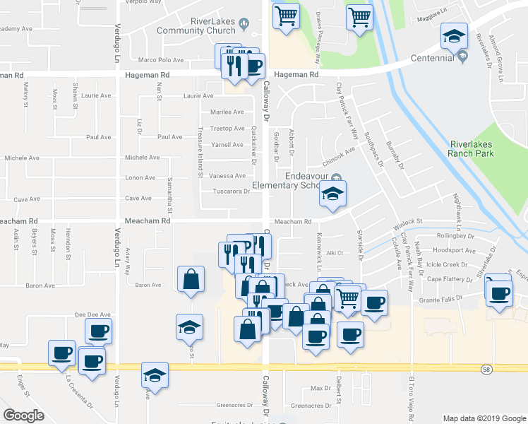 map of restaurants, bars, coffee shops, grocery stores, and more near Calloway Drive in Bakersfield