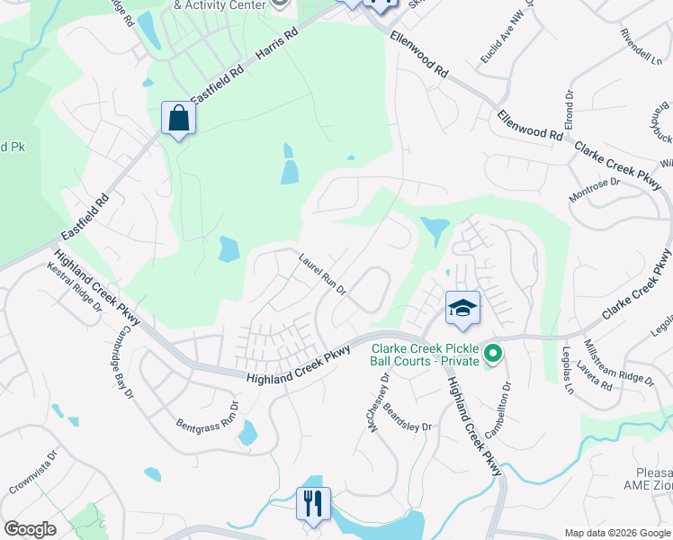 map of restaurants, bars, coffee shops, grocery stores, and more near 6112 Hidden Meadow Lane in Charlotte