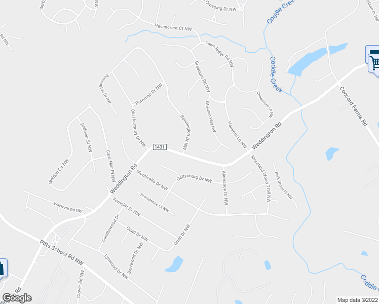 map of restaurants, bars, coffee shops, grocery stores, and more near 1200 Bennington Drive Northwest in Concord