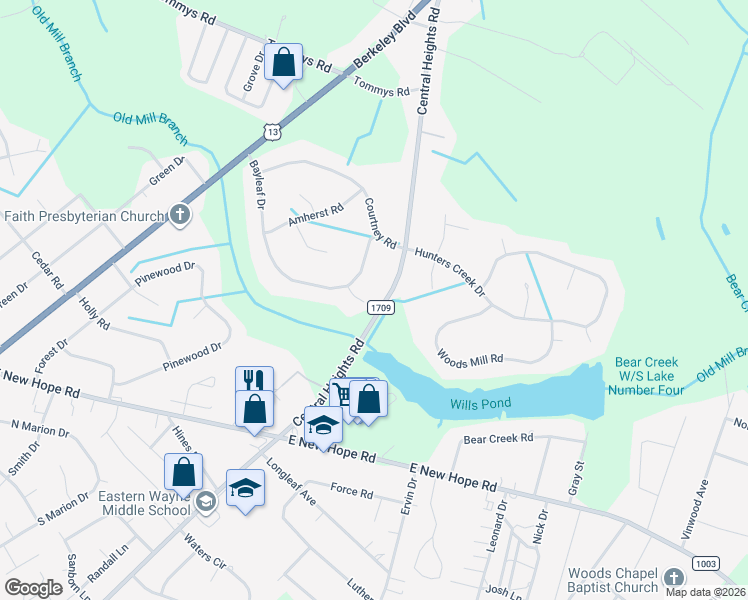 map of restaurants, bars, coffee shops, grocery stores, and more near 407 Bayleaf Place in Goldsboro