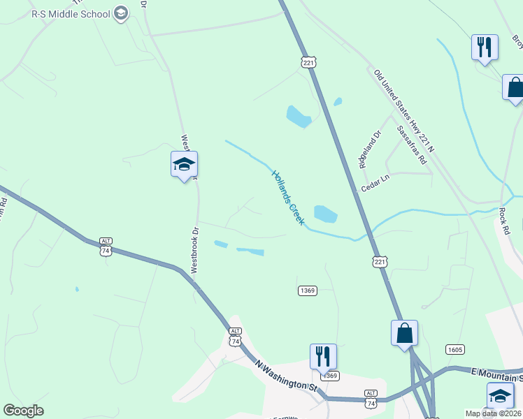 map of restaurants, bars, coffee shops, grocery stores, and more near 135 Heatherwood Drive in Rutherfordton