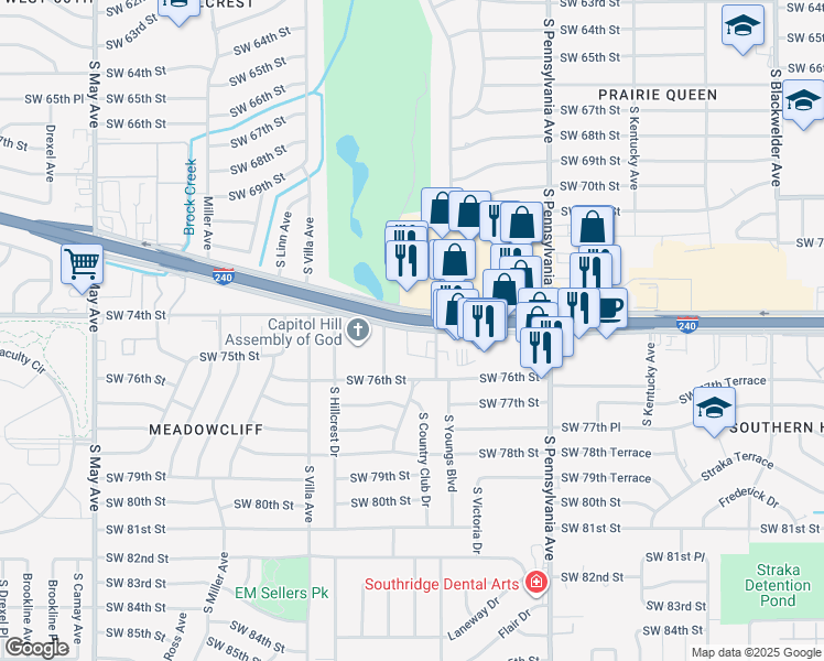 map of restaurants, bars, coffee shops, grocery stores, and more near 2324 Southwest 74th Street in Oklahoma City