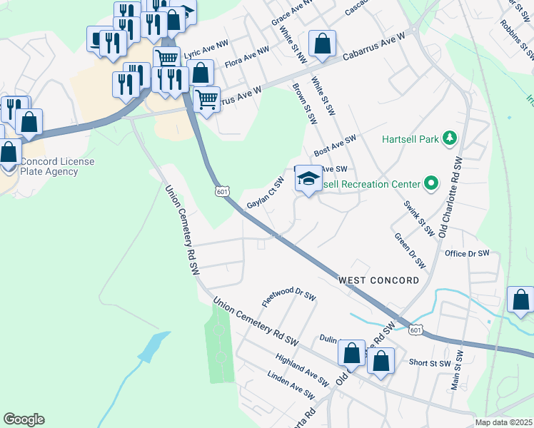 map of restaurants, bars, coffee shops, grocery stores, and more near Parrish Place Southwest in Concord