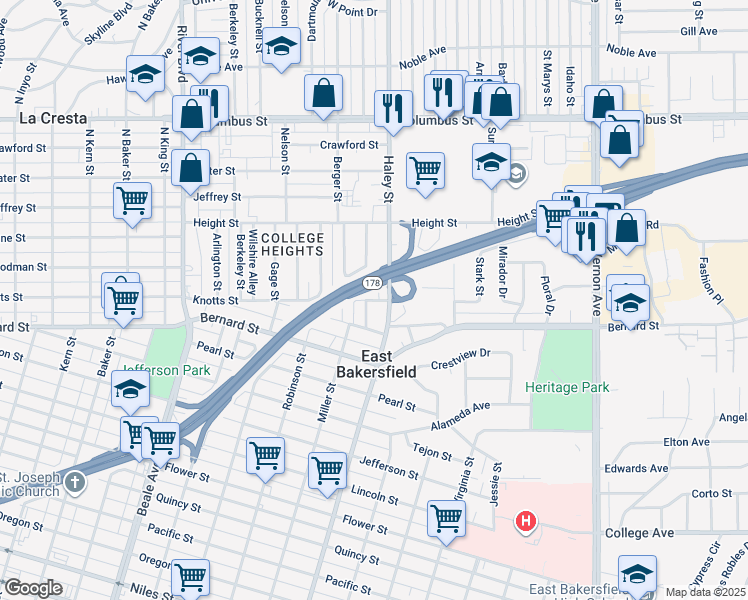 map of restaurants, bars, coffee shops, grocery stores, and more near 1305 Knotts Street in Bakersfield
