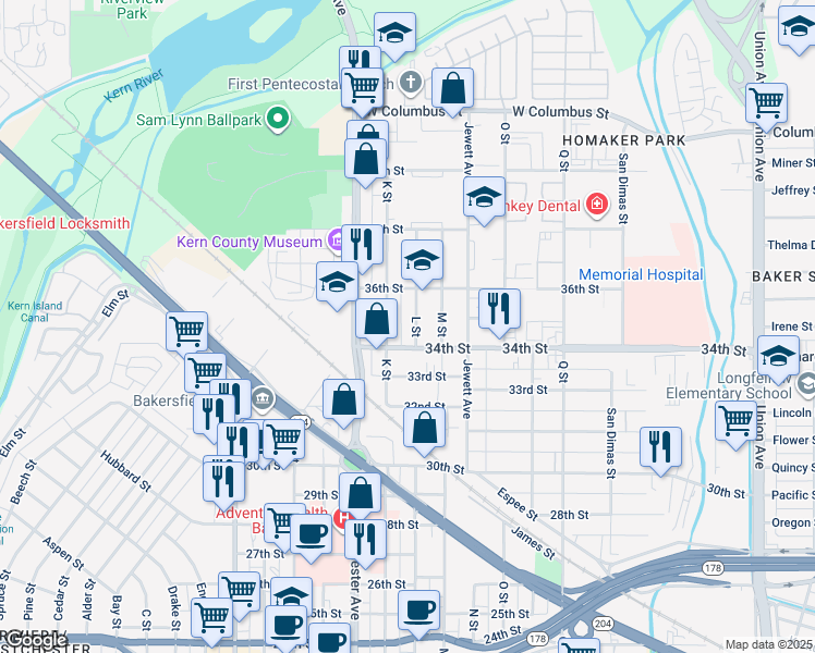map of restaurants, bars, coffee shops, grocery stores, and more near 1230 34th Street in Bakersfield