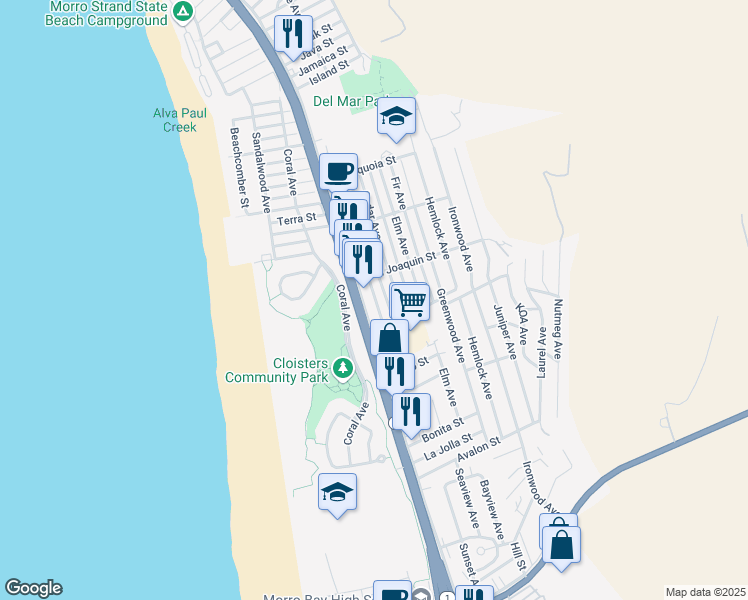 map of restaurants, bars, coffee shops, grocery stores, and more near 2760 Main Street in Morro Bay
