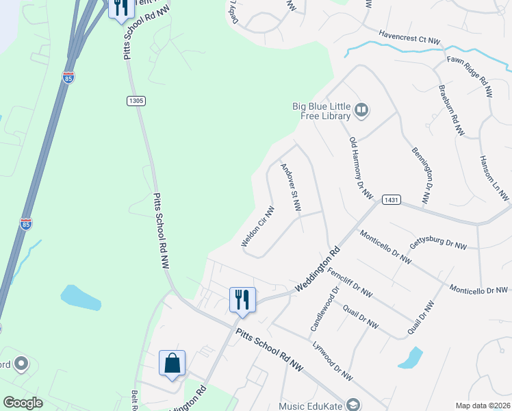 map of restaurants, bars, coffee shops, grocery stores, and more near 6591 Weldon Circle Northwest in Concord