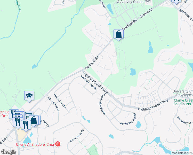 map of restaurants, bars, coffee shops, grocery stores, and more near 9240 Highland Creek Parkway in Charlotte