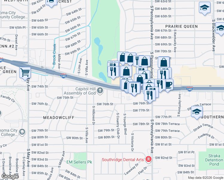 map of restaurants, bars, coffee shops, grocery stores, and more near 2334 Southwest 74th Street in Oklahoma City