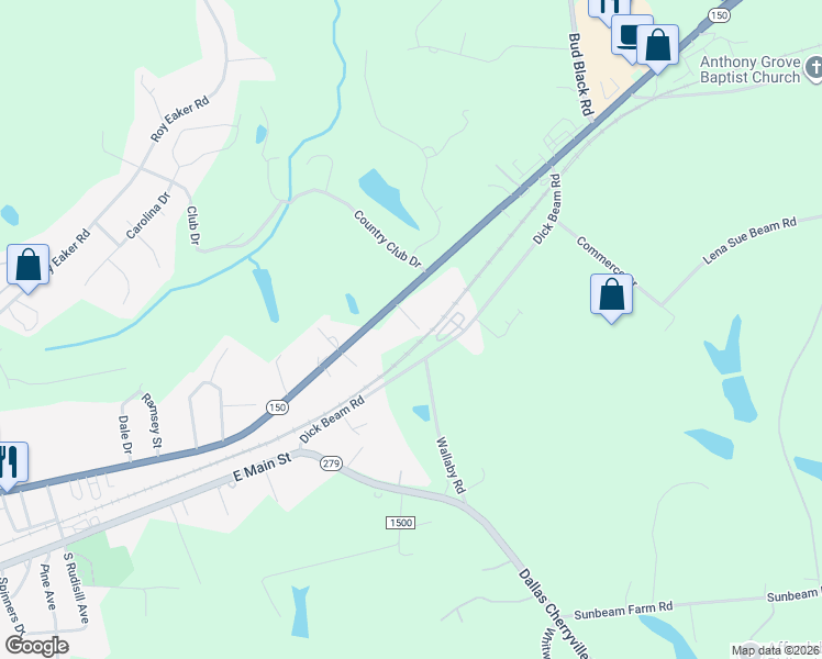 map of restaurants, bars, coffee shops, grocery stores, and more near 114 Studio Drive in Cherryville