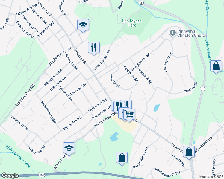 map of restaurants, bars, coffee shops, grocery stores, and more near 31 Ridenhour Court Southeast in Concord