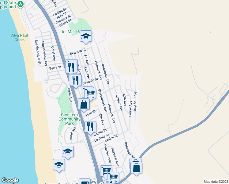 map of restaurants, bars, coffee shops, grocery stores, and more near 2675 Juniper Avenue in Morro Bay