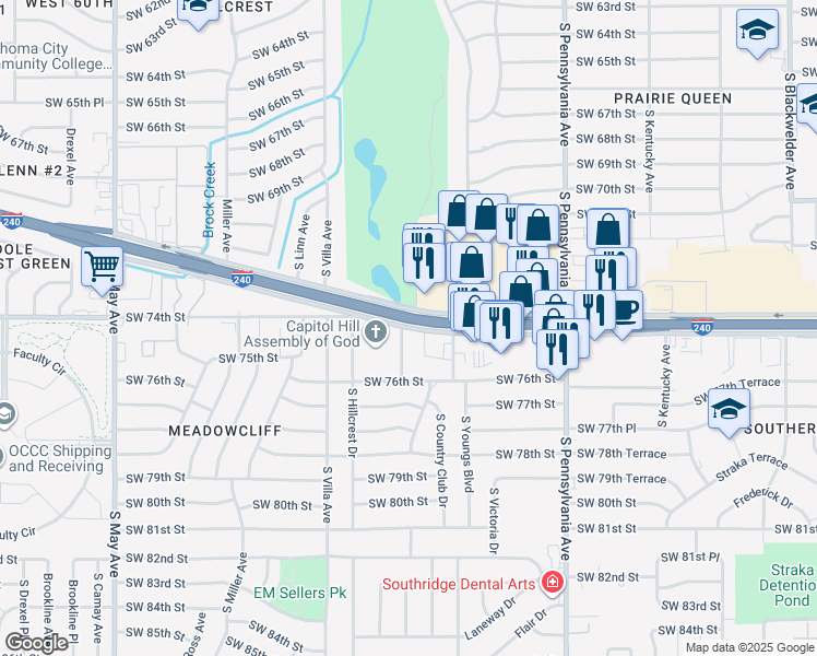 map of restaurants, bars, coffee shops, grocery stores, and more near 2346 Southwest 74th Street in Oklahoma City