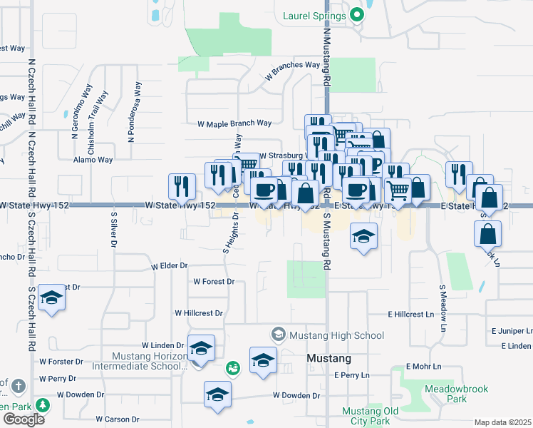 map of restaurants, bars, coffee shops, grocery stores, and more near 316 West State Highway 152 in Mustang