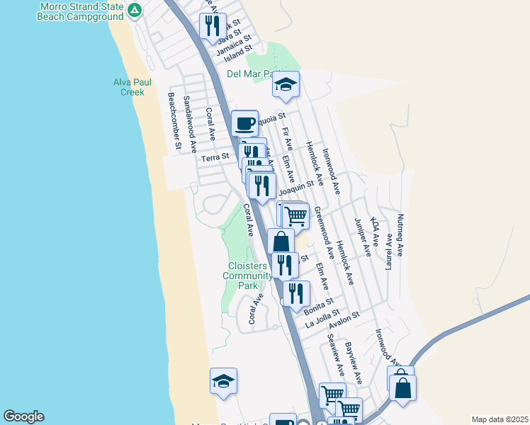 map of restaurants, bars, coffee shops, grocery stores, and more near 2760 Main Street in Morro Bay